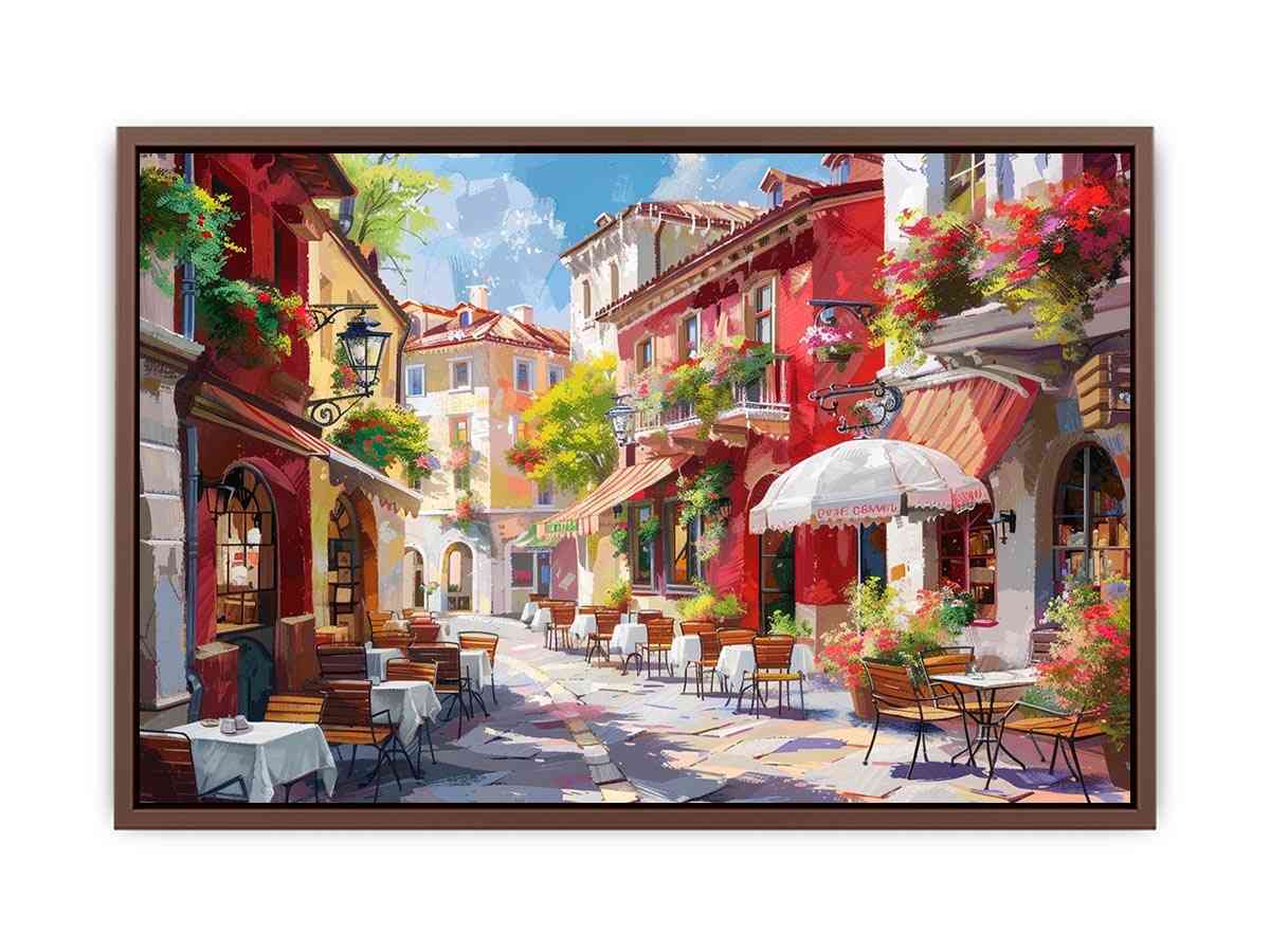 Colorful European cafe street canvas art for warm kitchen or dining room decor.