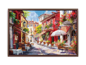 Colorful European cafe street canvas art for warm kitchen or dining room decor.