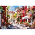 Colorful European cafe street canvas art for warm kitchen or dining room decor.