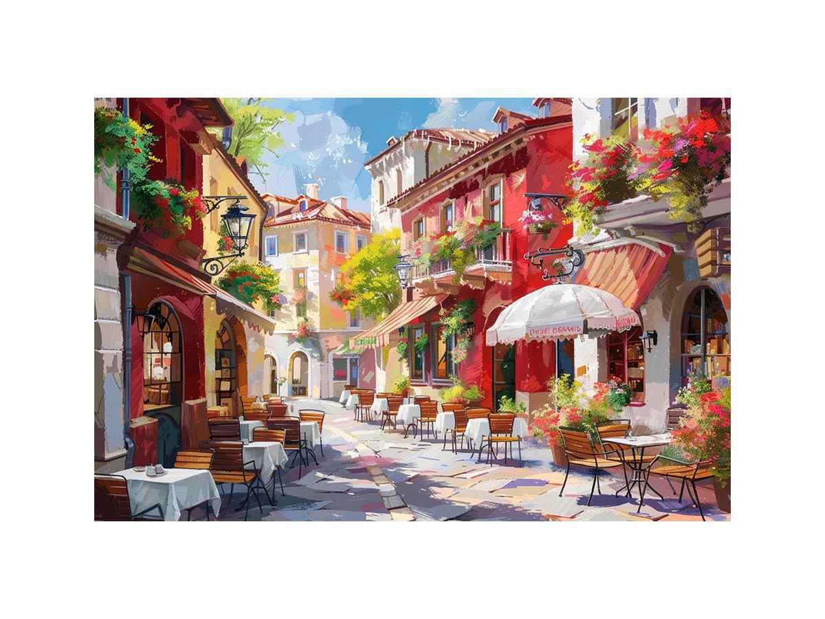Colorful European cafe street canvas art for warm kitchen or dining room decor.