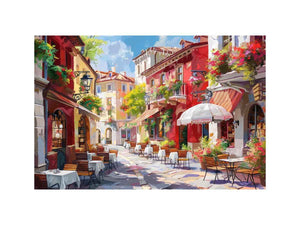 Colorful European cafe street canvas art for warm kitchen or dining room decor.