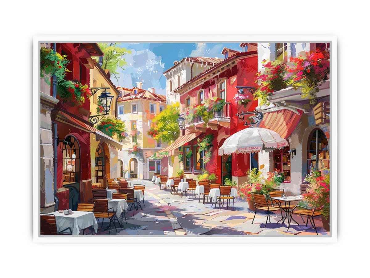Colorful European cafe street canvas art for warm kitchen or dining room decor.