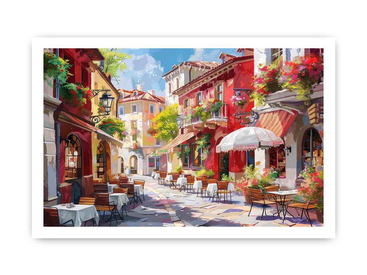 Colorful European cafe street canvas art for warm kitchen or dining room decor.