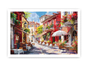 Colorful European cafe street canvas art for warm kitchen or dining room decor.