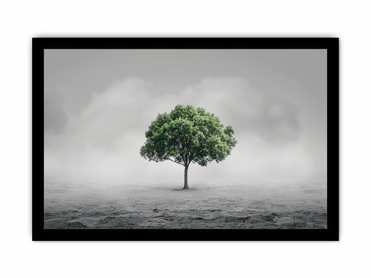 Minimal lone green tree canvas art for calm modern office or living room decor.