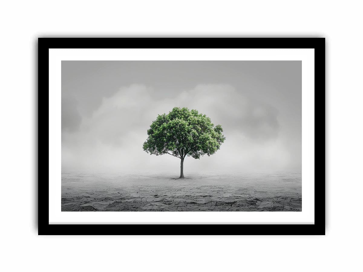 Minimal lone green tree canvas art for calm modern office or living room decor.