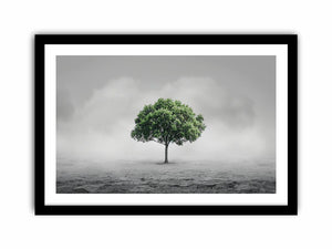Minimal lone green tree canvas art for calm modern office or living room decor.