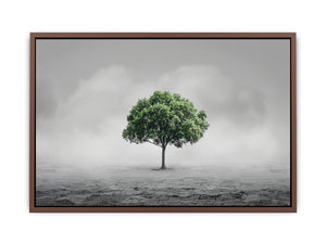 Minimal lone green tree canvas art for calm modern office or living room decor.