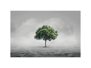 Minimal lone green tree canvas art for calm modern office or living room decor.