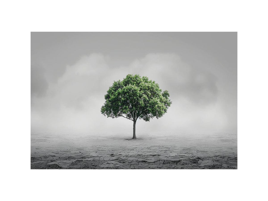 Minimal lone green tree canvas art for calm modern office or living room decor.