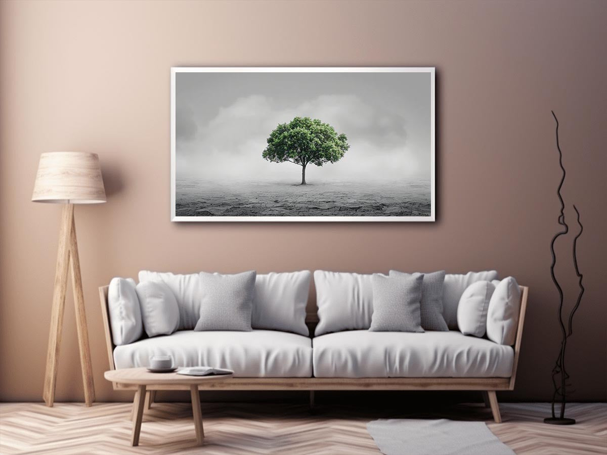 Minimal lone green tree canvas art for calm modern office or living room decor.