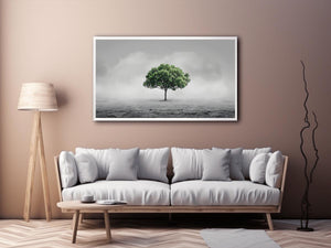 Minimal lone green tree canvas art for calm modern office or living room decor.