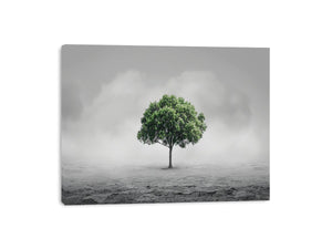 Minimal lone green tree canvas art for calm modern office or living room decor.
