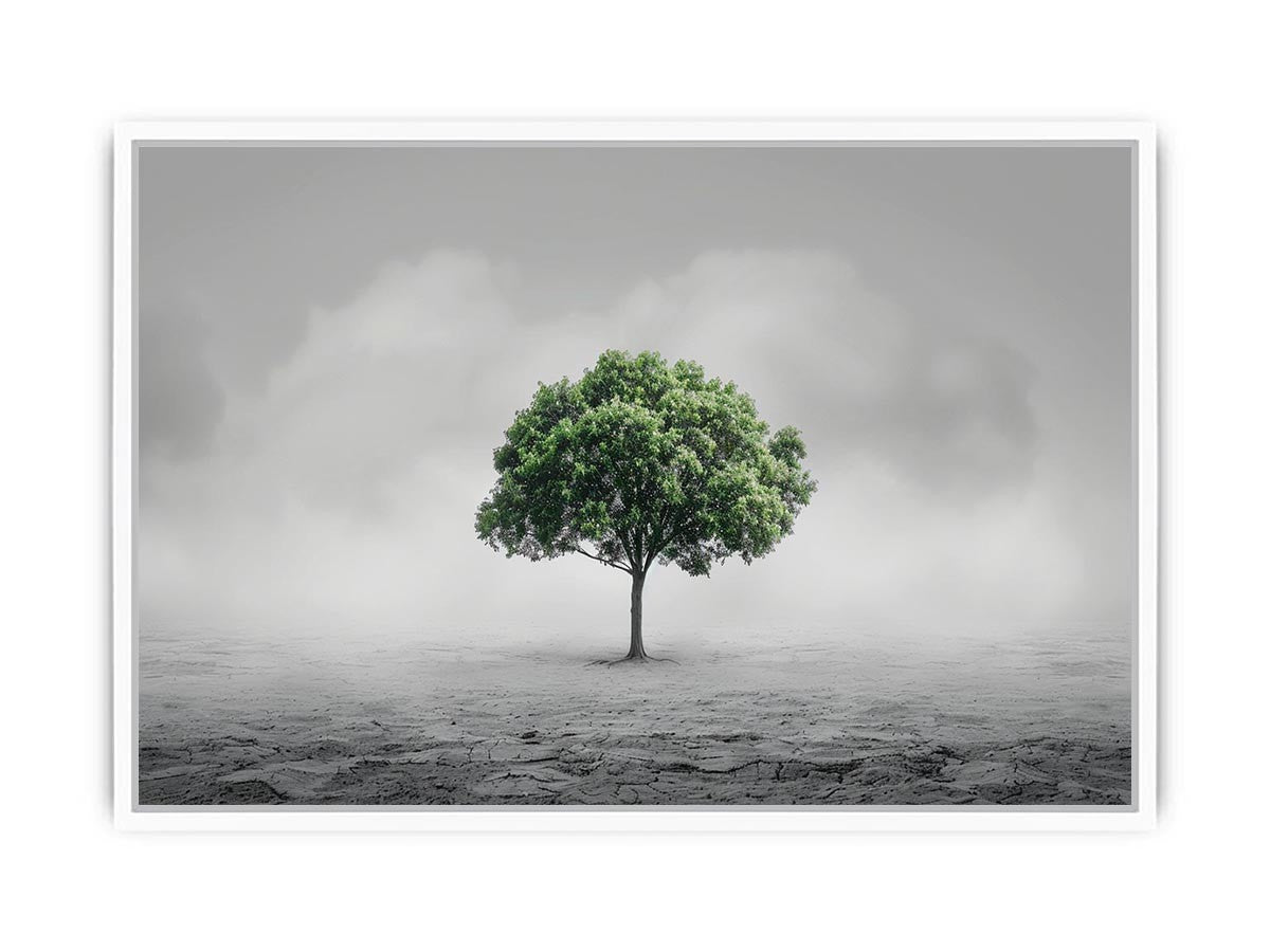 Minimal lone green tree canvas art for calm modern office or living room decor.