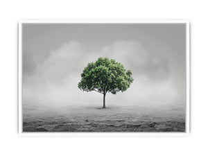 Minimal lone green tree canvas art for calm modern office or living room decor.