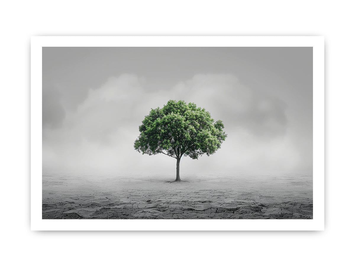 Minimal lone green tree canvas art for calm modern office or living room decor.