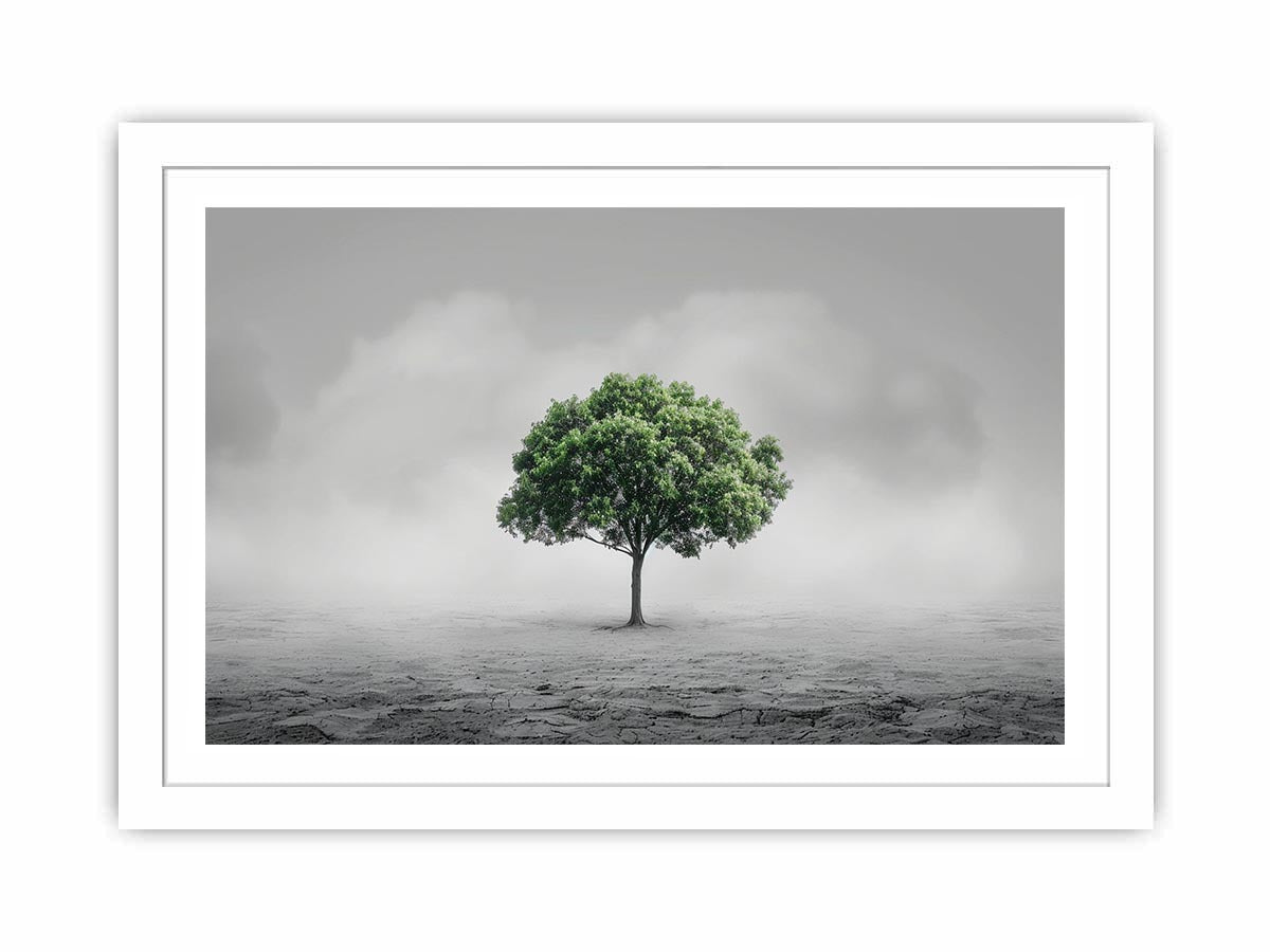 Minimal lone green tree canvas art for calm modern office or living room decor.