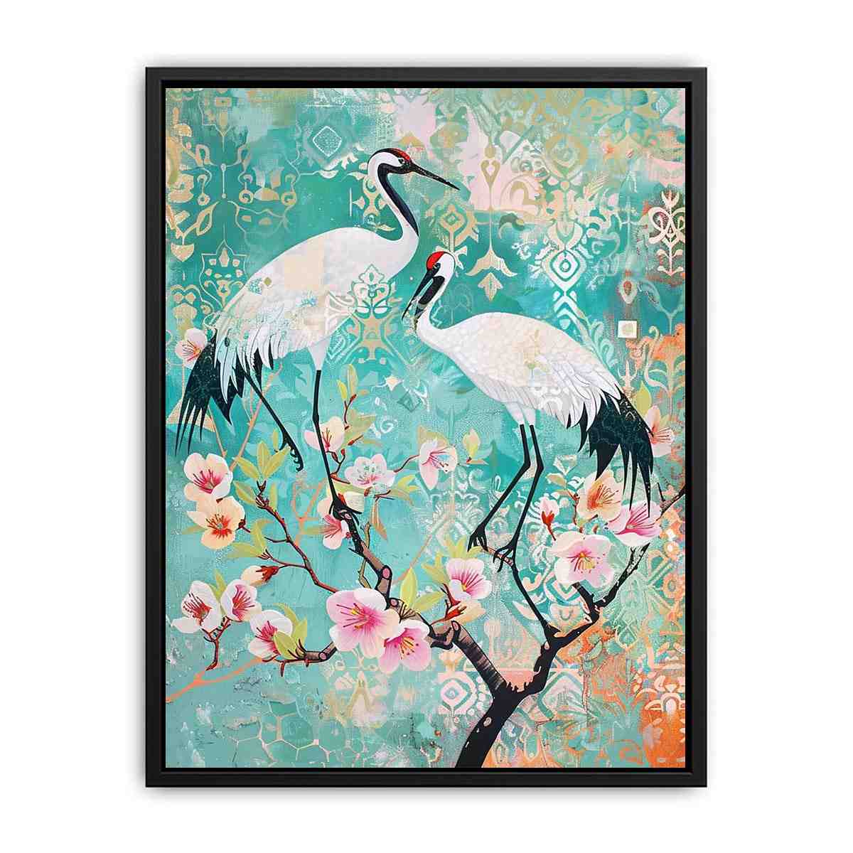 Elegant crane and cherry blossom canvas art for serene bedroom or living room decor.