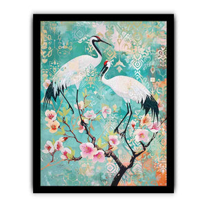 Elegant crane and cherry blossom canvas art for serene bedroom or living room decor.