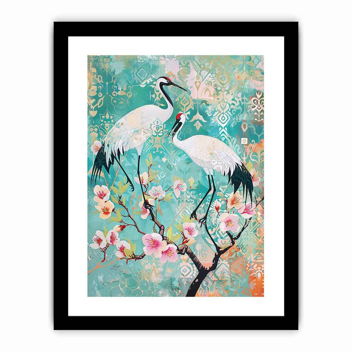 Elegant crane and cherry blossom canvas art for serene bedroom or living room decor.