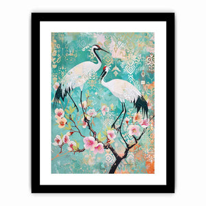 Elegant crane and cherry blossom canvas art for serene bedroom or living room decor.