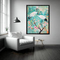 Elegant crane and cherry blossom canvas art for serene bedroom or living room decor.