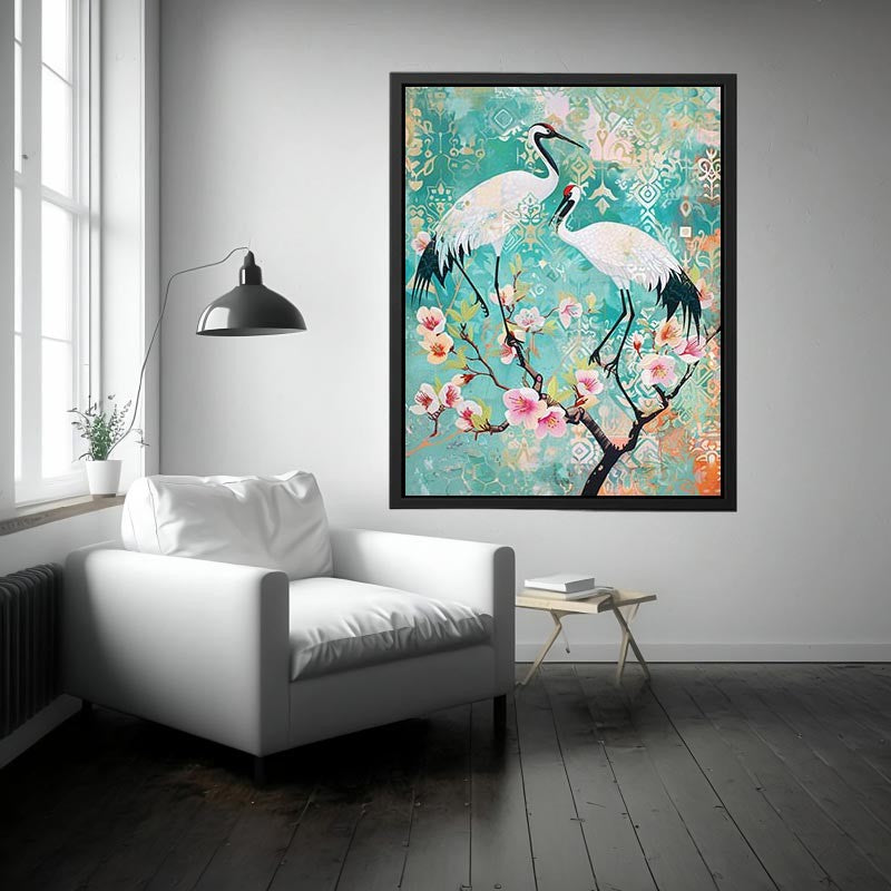 Elegant crane and cherry blossom canvas art for serene bedroom or living room decor.