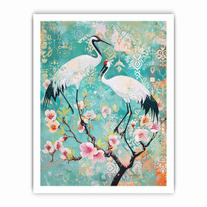 Elegant crane and cherry blossom canvas art for serene bedroom or living room decor.