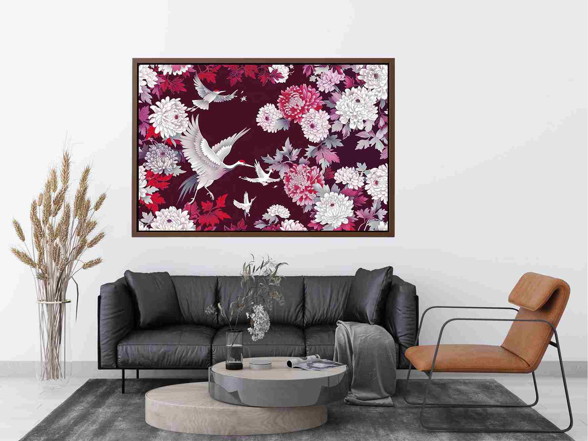 crane floral canvas art for elegant living room or bedroom decor.
