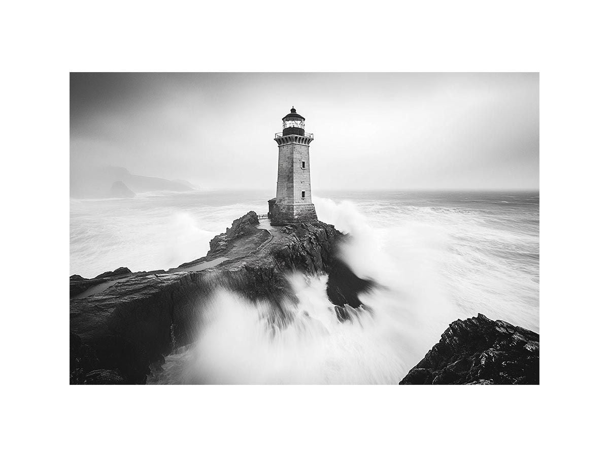 Black and white lighthouse photography wall art with storm waves for modern office decor.
