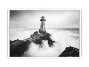 Black and white lighthouse photography wall art with storm waves for modern office decor.