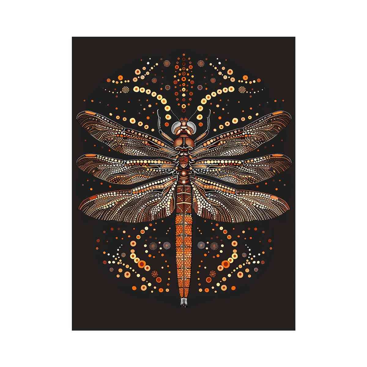 Bold dragonfly canvas art with copper dot detail for modern office wall decor.