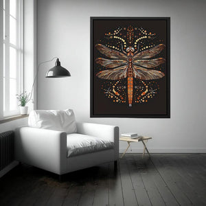 Bold dragonfly canvas art with copper dot detail for modern office wall decor.