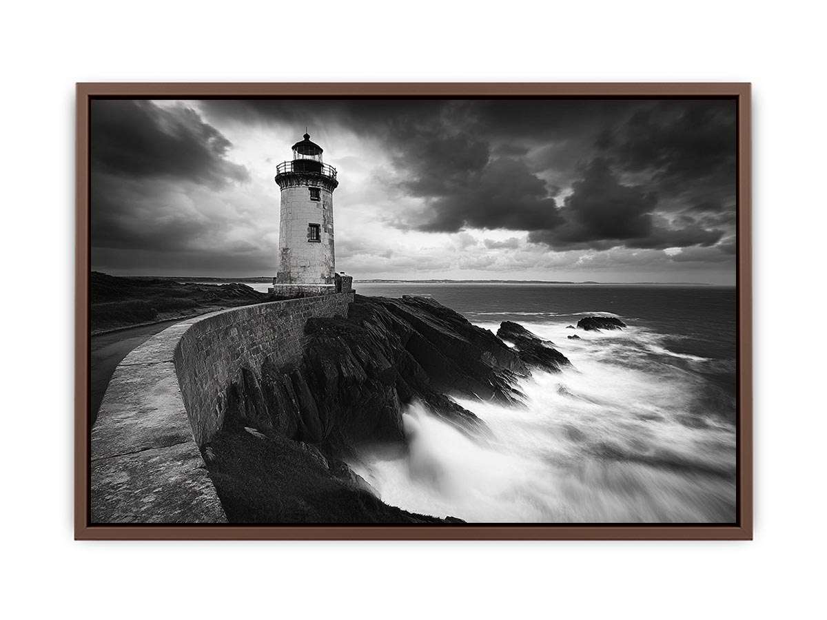 Moody black and white lighthouse wall art with storm clouds for modern living room decor.