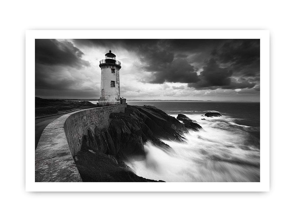 Moody black and white lighthouse wall art with storm clouds for modern living room decor.