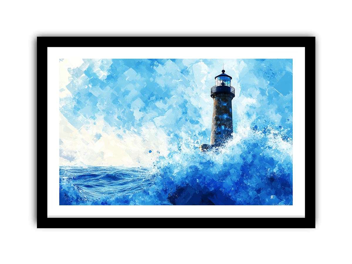 Blue watercolor lighthouse canvas art with ocean waves for coastal living room decor.