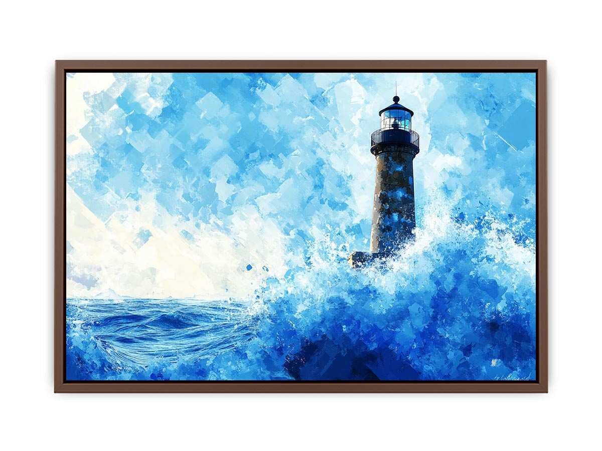 Blue watercolor lighthouse canvas art with ocean waves for coastal living room decor.