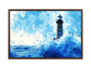 Blue watercolor lighthouse canvas art with ocean waves for coastal living room decor.