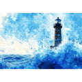 Blue watercolor lighthouse canvas art with ocean waves for coastal living room decor.
