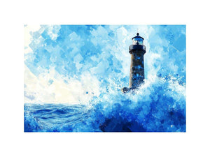Blue watercolor lighthouse canvas art with ocean waves for coastal living room decor.