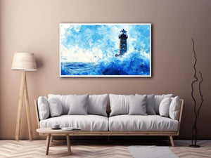 Blue watercolor lighthouse canvas art with ocean waves for coastal living room decor.