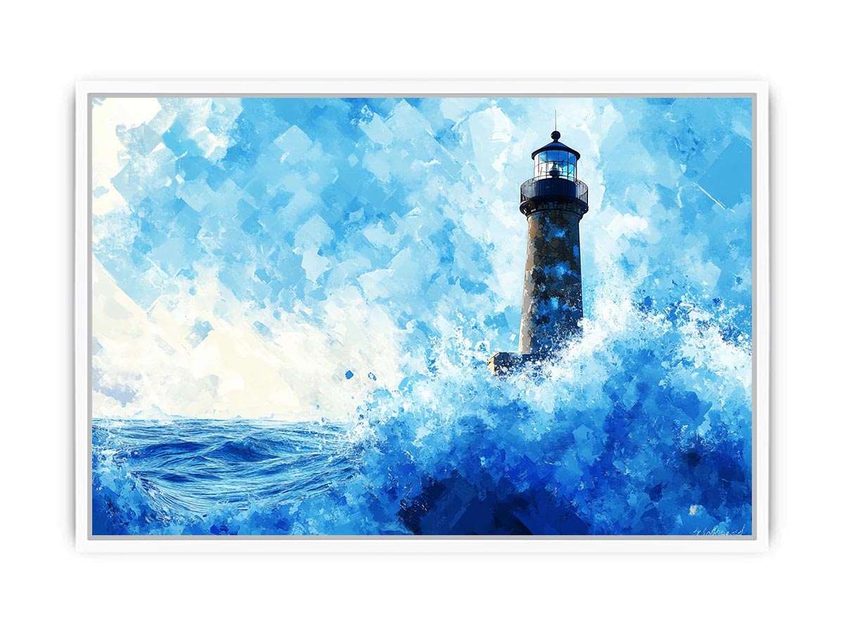 Blue watercolor lighthouse canvas art with ocean waves for coastal living room decor.