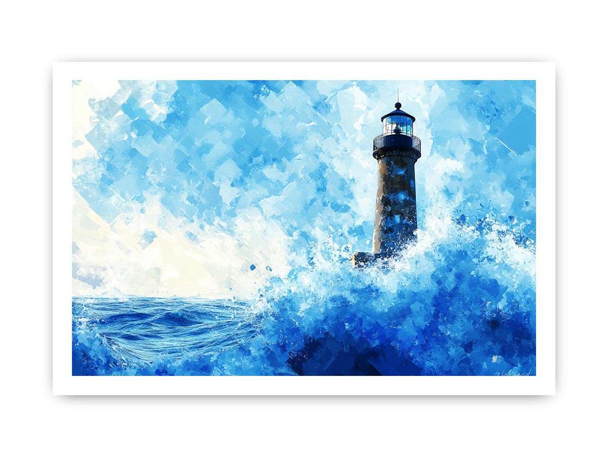 Blue watercolor lighthouse canvas art with ocean waves for coastal living room decor.