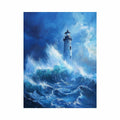 Stormy blue lighthouse canvas art with ocean waves for modern coastal room decor.