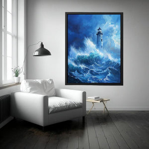 Stormy blue lighthouse canvas art with ocean waves for modern coastal room decor.