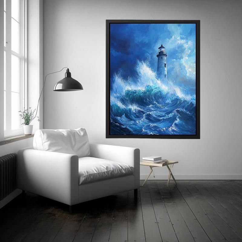 Stormy blue lighthouse canvas art with ocean waves for modern coastal room decor.