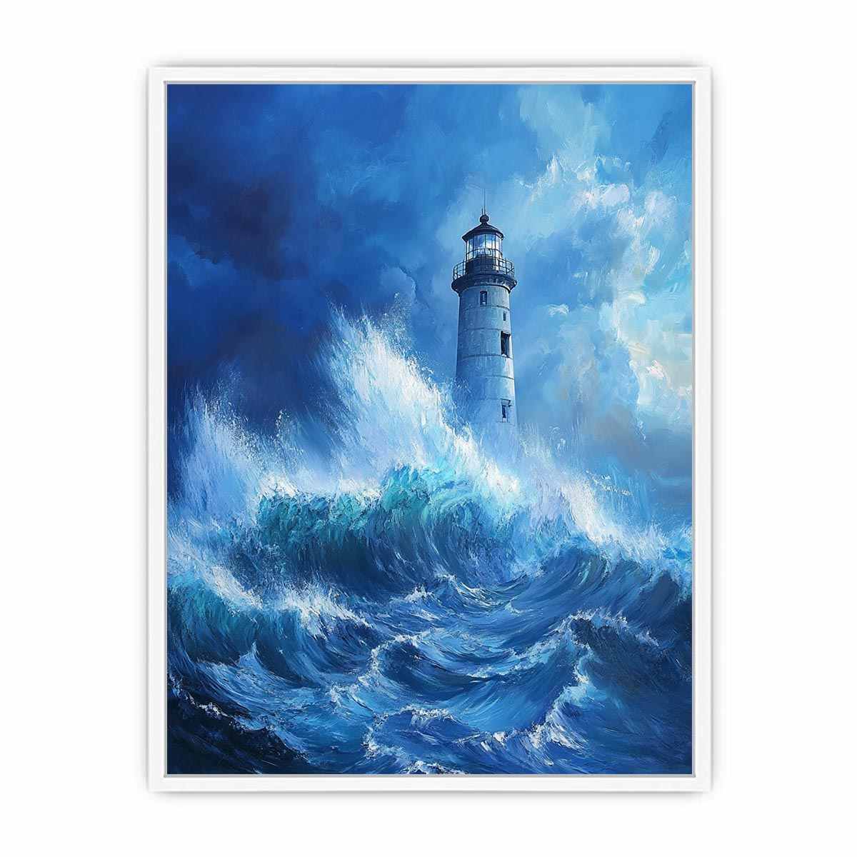 Stormy blue lighthouse canvas art with ocean waves for modern coastal room decor.