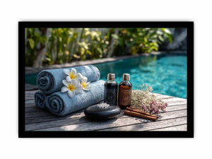Spa towel and poolside canvas photography for relaxing bathroom decor.