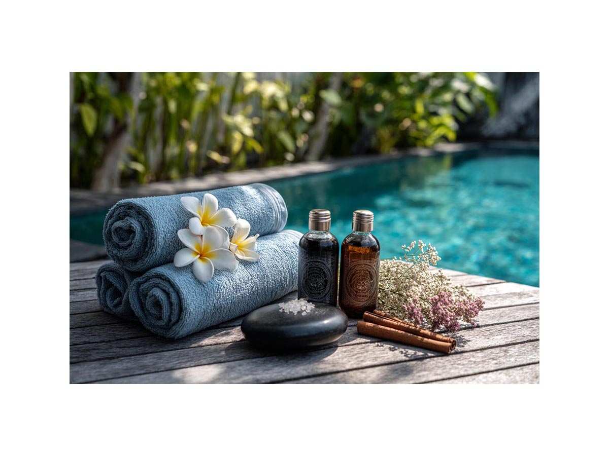 Spa towel and poolside canvas photography for relaxing bathroom decor.