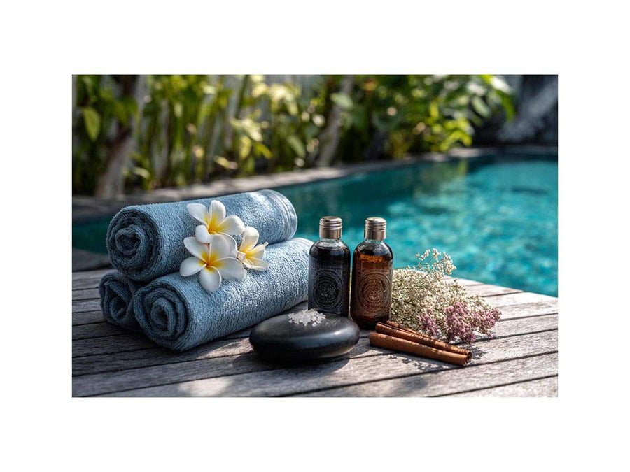 Spa towel and poolside canvas photography for relaxing bathroom decor.